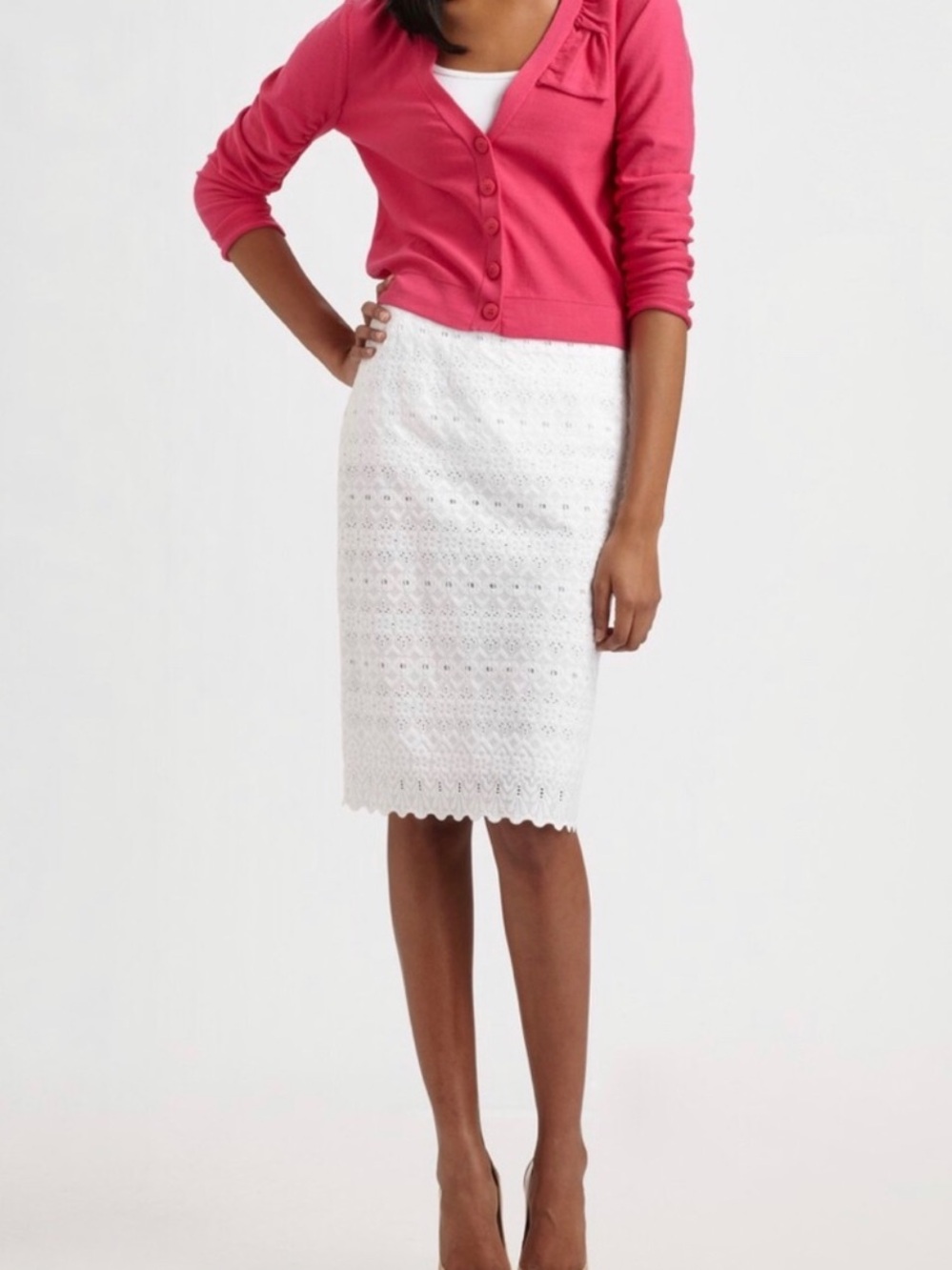 Nanette Lepore Pencil Skirt Womens Sz 10 White Rikki Tikki‎ Eyelet Lace Made USA
